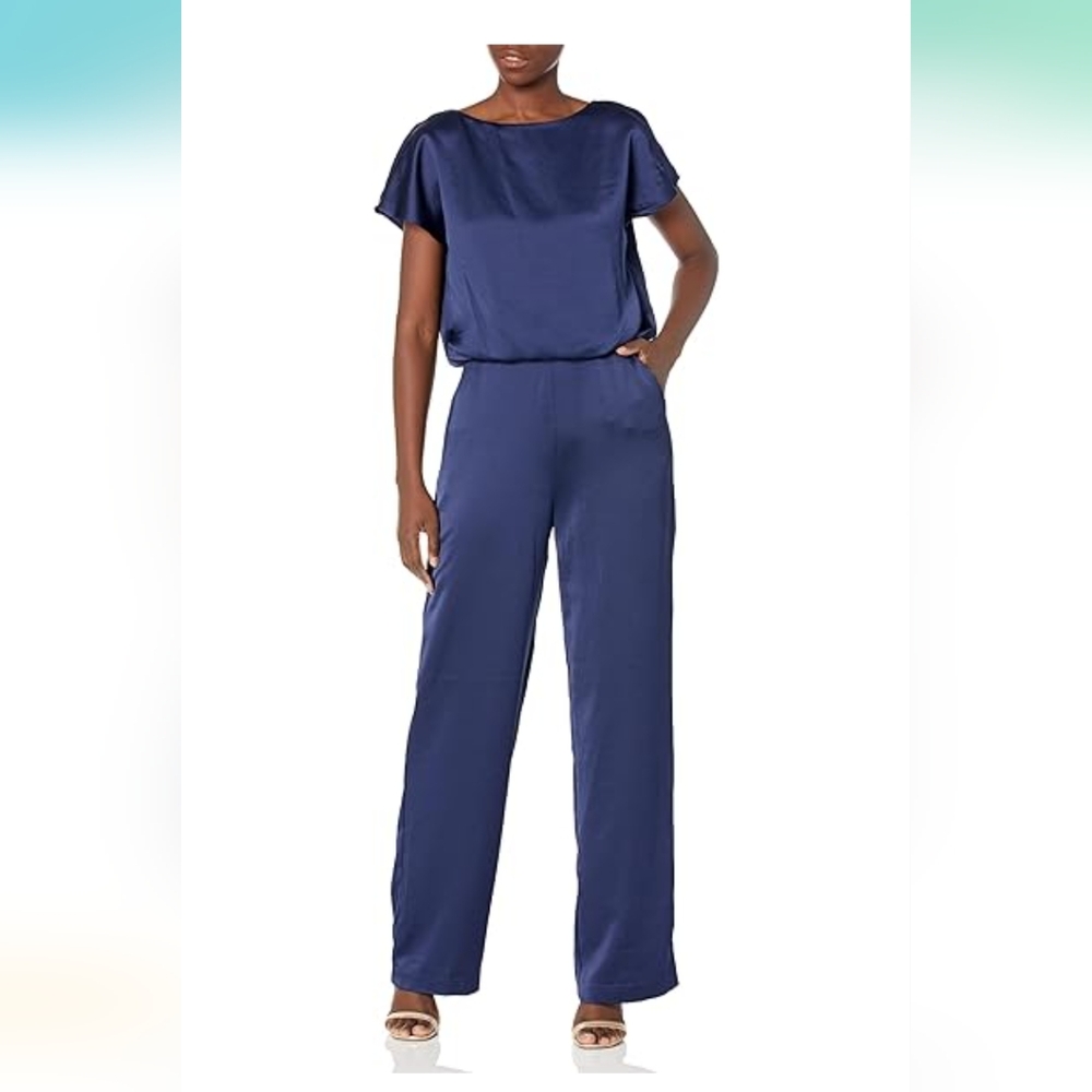 Trina Turk Women's Satin Jumpsuit Night Sky Blue Straight Leg Size 2 Nwt $298